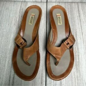 ECCO Brown Leather Slip On Slides Thong Flip Flop Sandals Buckle Women 11 EUR 42